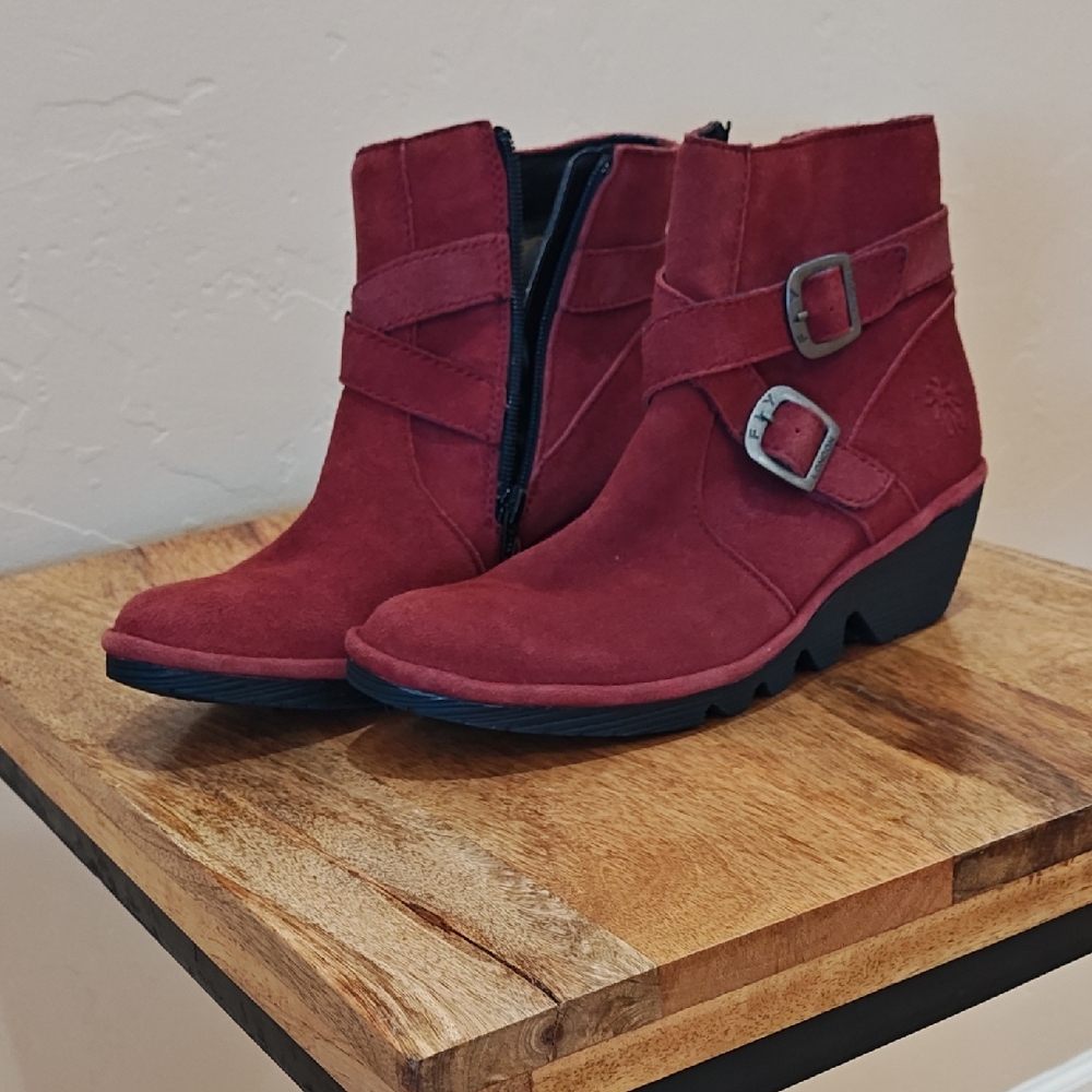 Fly London Red Suede Ankle Booties with Buckle Straps